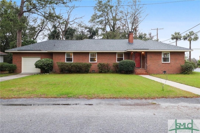 ranch-style home featuring brick siding, a chimney, crawl space, a garage, and a front lawn