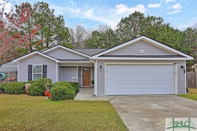 ranch-style house featuring a garage, concrete driveway, and a front lawn