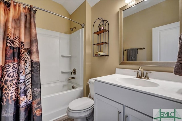 full bathroom with toilet, shower / bath combo with shower curtain, and vanity