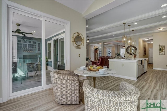 dining room featuring crown molding, recessed lighting, light wood-style floors, ceiling fan, and baseboards