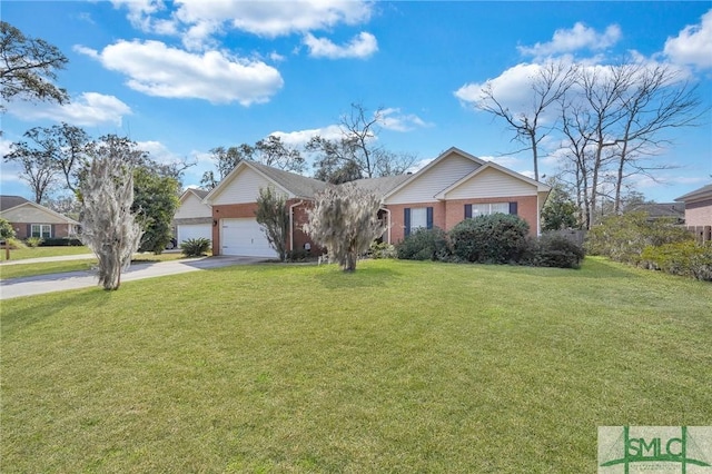 ranch-style home featuring a front yard, brick siding, driveway, and an attached garage