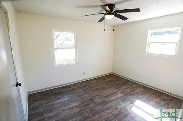 spare room featuring a textured ceiling, dark wood-style flooring, and a healthy amount of sunlight