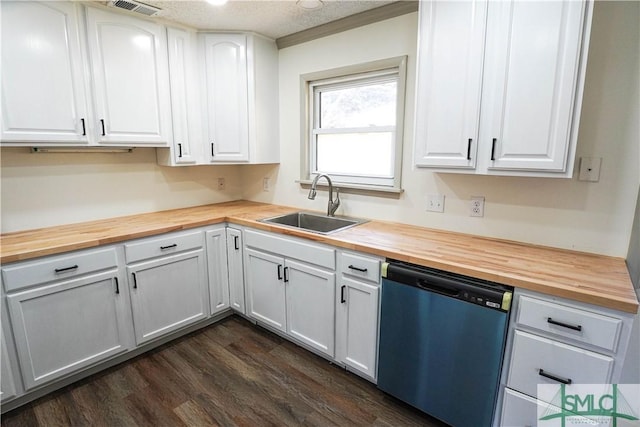 kitchen featuring dark wood-style floors, white cabinetry, a sink, butcher block countertops, and dishwasher