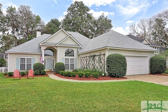 traditional home featuring a garage, driveway, a shingled roof, a chimney, and a front lawn