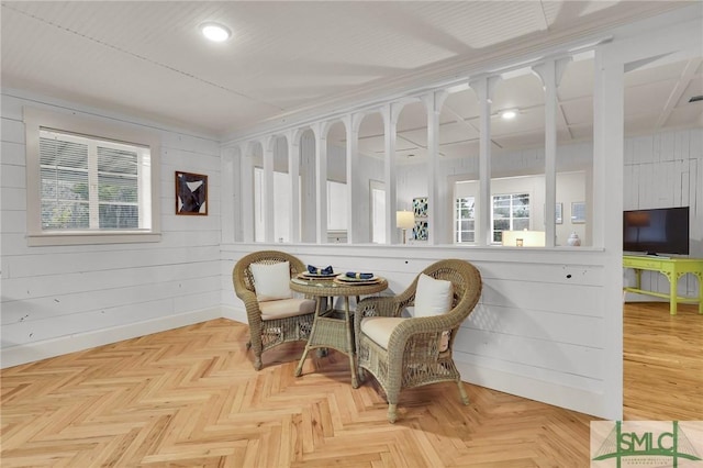 living area featuring wooden walls and baseboards