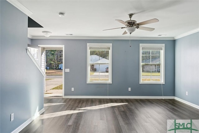 interior space featuring a healthy amount of sunlight, baseboards, dark wood-style flooring, and ornamental molding