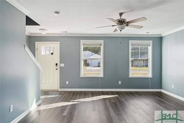 foyer featuring ornamental molding, dark wood-style flooring, and plenty of natural light