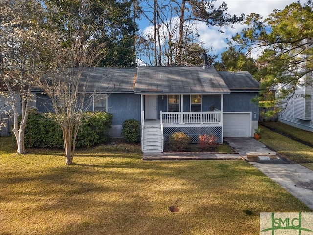 ranch-style home with covered porch, concrete driveway, a front lawn, and a garage