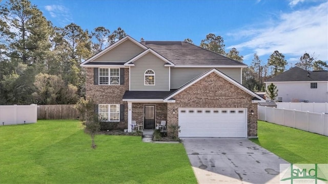 traditional-style house with fence, a front lawn, concrete driveway, and brick siding