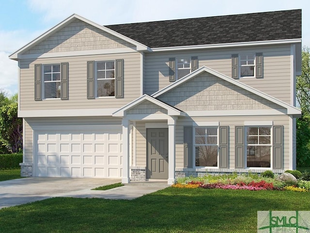 view of front of property featuring a shingled roof, concrete driveway, an attached garage, and a front lawn