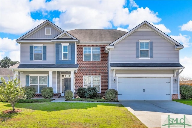 view of front of house featuring driveway, a garage, a front lawn, and brick siding