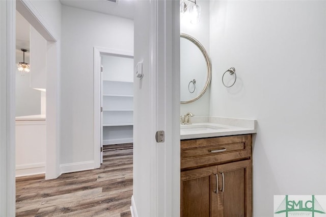 bathroom with baseboards, a walk in closet, wood finished floors, and vanity