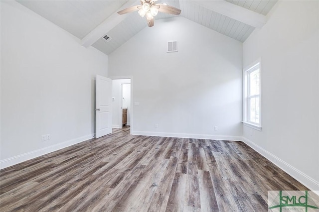 unfurnished bedroom featuring baseboards, visible vents, beamed ceiling, and wood finished floors