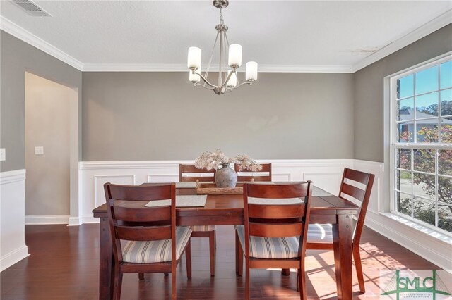 469 Nashview Trl, Allenhurst, GA 31301 - dining room featuring visible vents, a wainscoted wall, ornamental molding, dark wood-type flooring, and a notable chandelier