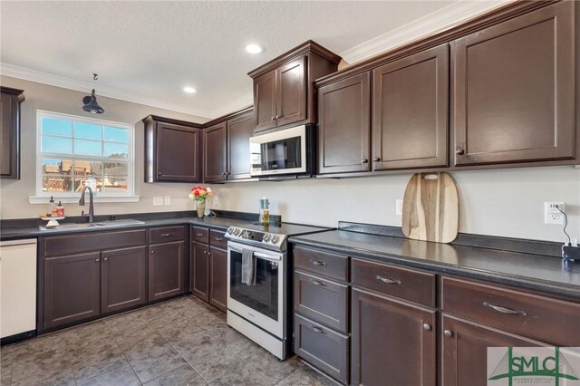 469 Nashview Trl, Allenhurst, GA 31301 - kitchen with crown molding, dark countertops, appliances with stainless steel finishes, a sink, and dark brown cabinetry