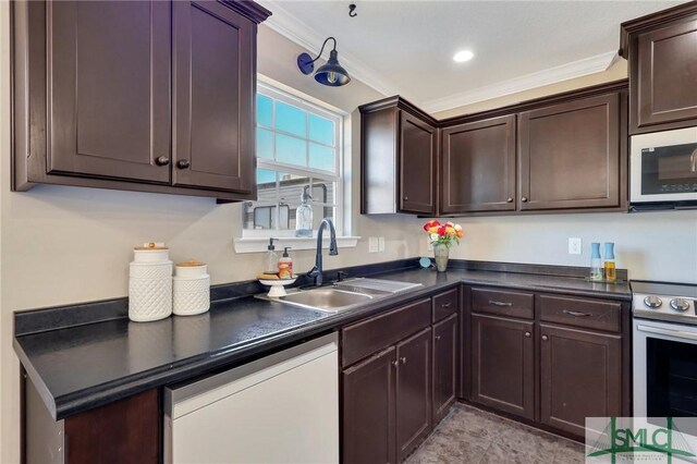 469 Nashview Trl, Allenhurst, GA 31301 - kitchen with dark countertops, dishwashing machine, stainless steel electric stove, dark brown cabinets, and a sink