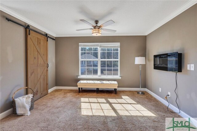469 Nashview Trl, Allenhurst, GA 31301 - unfurnished room with ornamental molding, carpet, baseboards, and a barn door