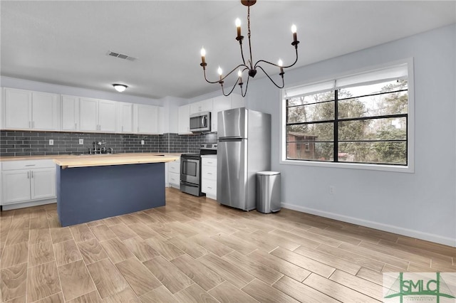 kitchen with decorative backsplash, butcher block countertops, appliances with stainless steel finishes, decorative light fixtures, and white cabinetry