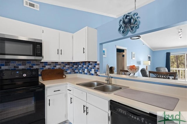 kitchen featuring visible vents, white cabinets, light countertops, black appliances, and a sink