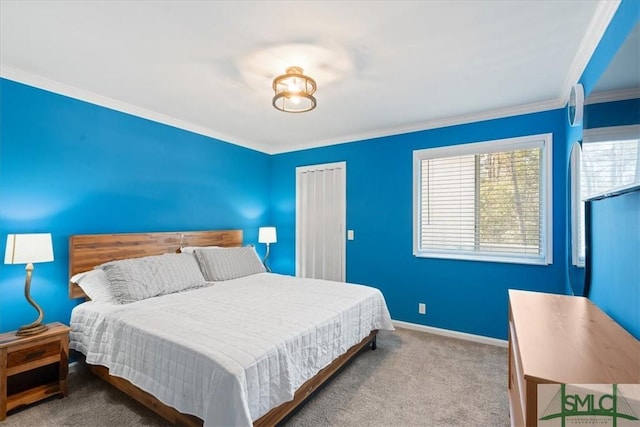 bedroom with light carpet, baseboards, and crown molding