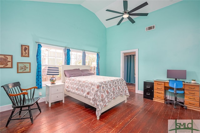 bedroom featuring high vaulted ceiling, baseboards, visible vents, and dark wood-type flooring