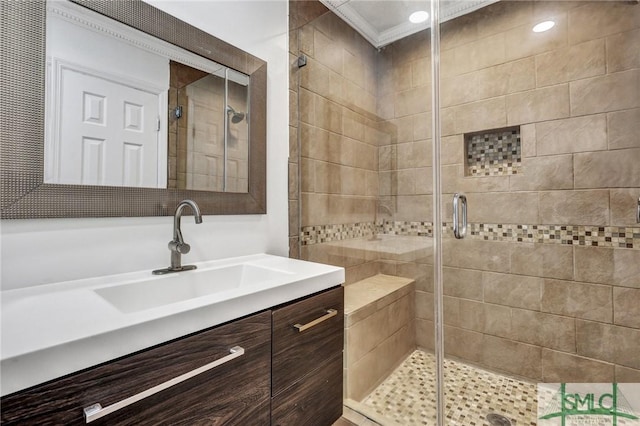 full bath featuring a shower stall and vanity