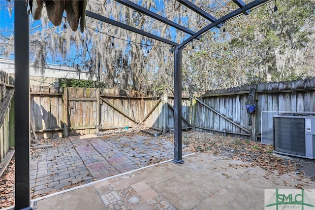 view of patio / terrace featuring central AC, a fenced backyard, a gate, and a pergola