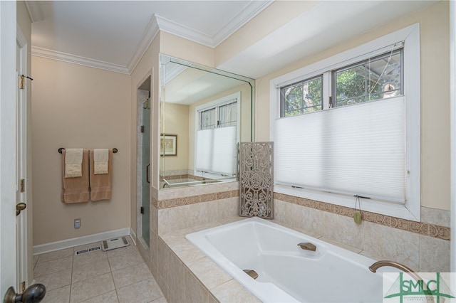 full bath featuring a garden tub, tile patterned flooring, visible vents, a shower stall, and crown molding