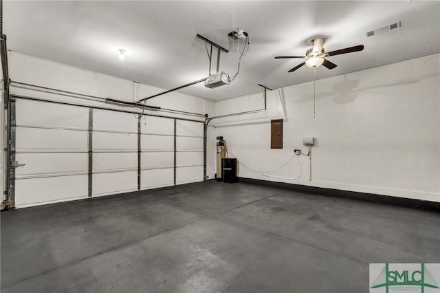 garage featuring ceiling fan, visible vents, baseboards, electric panel, and a garage door opener