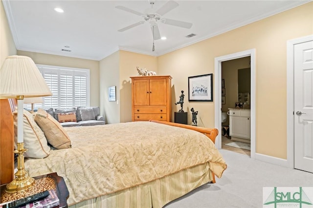 bedroom with crown molding, light colored carpet, visible vents, ceiling fan, and baseboards