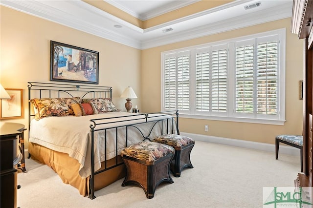 bedroom featuring ornamental molding, carpet, visible vents, and baseboards