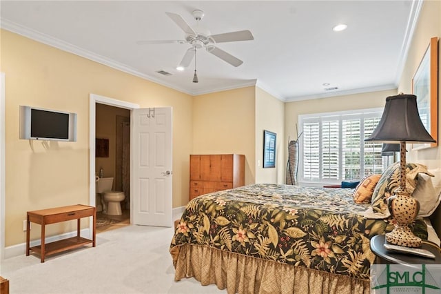 bedroom featuring carpet flooring, crown molding, visible vents, and baseboards