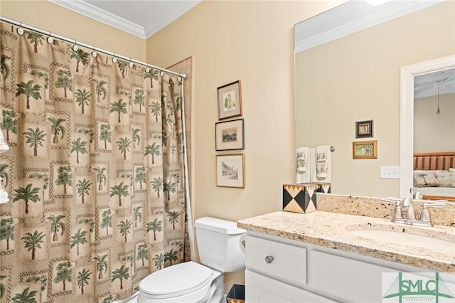 full bath with ornamental molding, vanity, toilet, and a shower with curtain