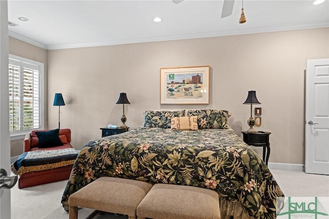 bedroom with recessed lighting, carpet flooring, visible vents, baseboards, and crown molding