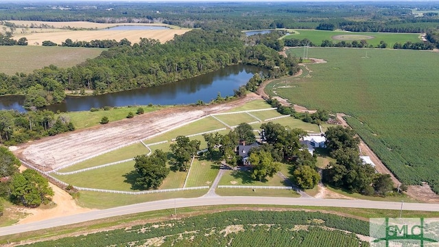 aerial view featuring a water view and a rural view