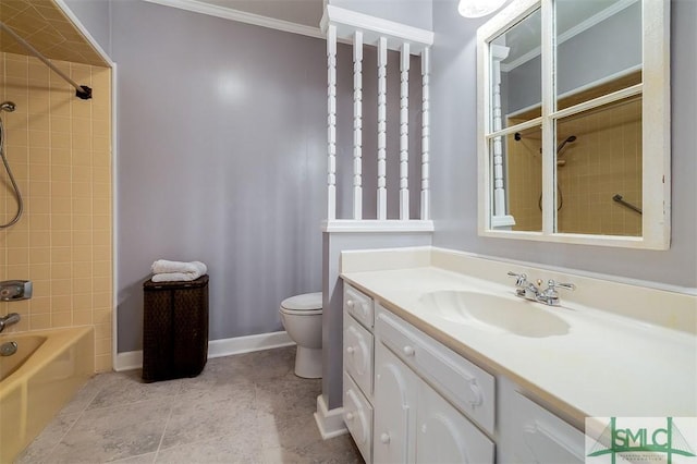 full bathroom with shower / bath combination, baseboards, toilet, tile patterned flooring, and vanity