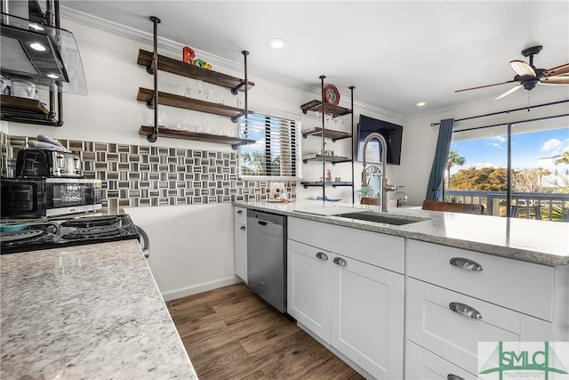 kitchen featuring white cabinets, dishwasher, ornamental molding, open shelves, and a sink