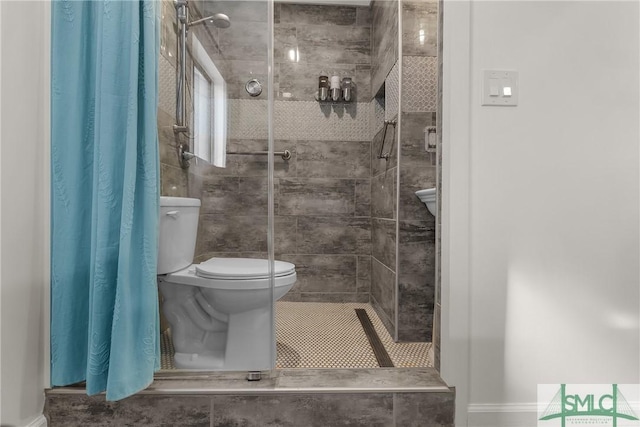 full bathroom featuring a shower stall and toilet