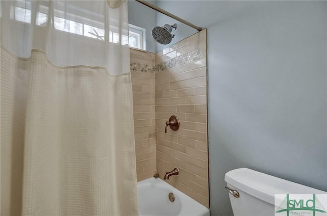 full bathroom featuring toilet and shower / bathtub combination with curtain