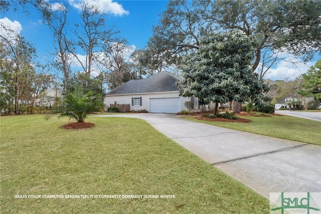 view of front of home featuring an attached garage, concrete driveway, a front yard, and stucco siding