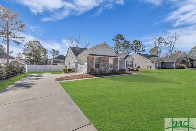 view of front of home featuring an attached garage, fence, a residential view, driveway, and a front lawn