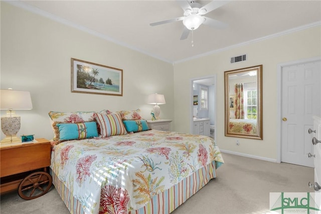 bedroom with crown molding, baseboards, visible vents, and light colored carpet