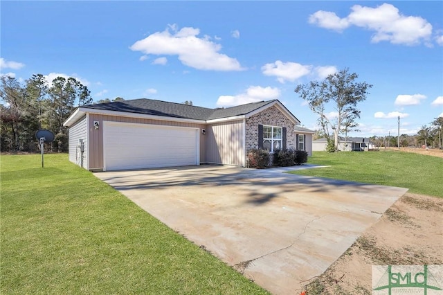 single story home with a garage, concrete driveway, a front lawn, and brick siding