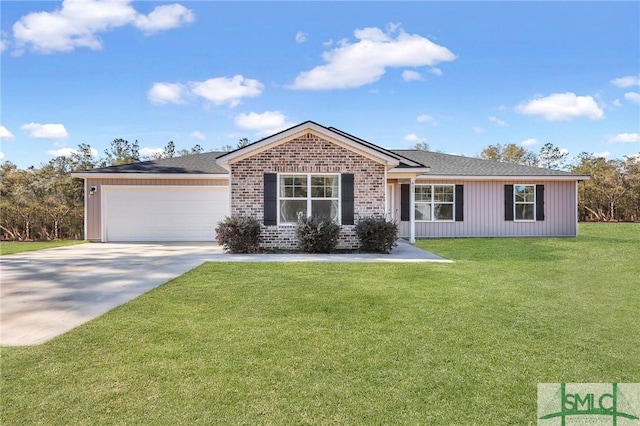 single story home featuring an attached garage, driveway, a front lawn, and brick siding