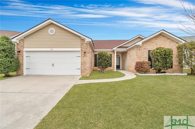 single story home with a front yard, concrete driveway, brick siding, and an attached garage