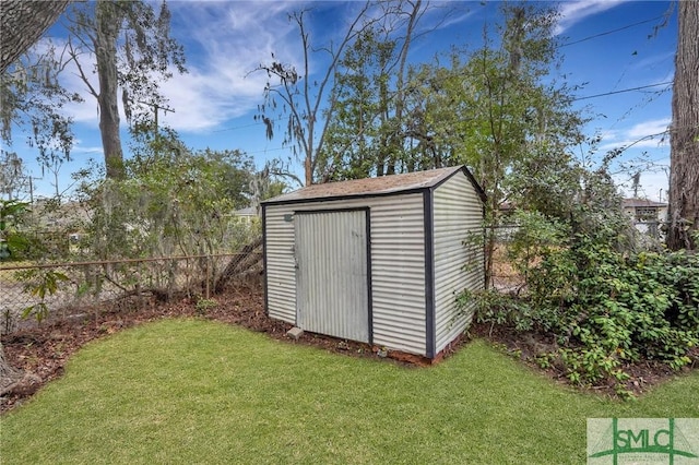 view of shed with a fenced backyard