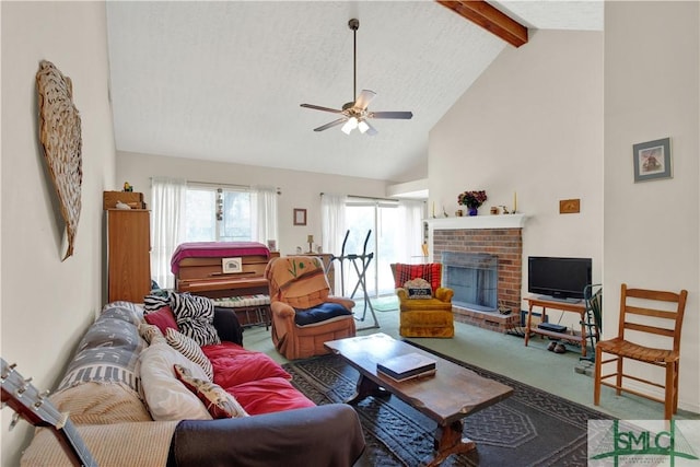 living area featuring a fireplace, carpet flooring, a textured ceiling, high vaulted ceiling, and beamed ceiling