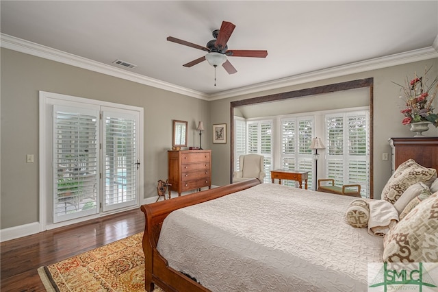 bedroom with crown molding, dark wood finished floors, visible vents, access to outside, and baseboards