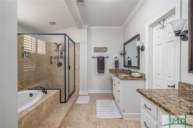 bathroom with a bath, a stall shower, crown molding, and vanity