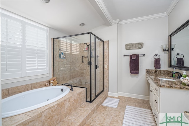 full bath featuring baseboards, a shower stall, vanity, and crown molding